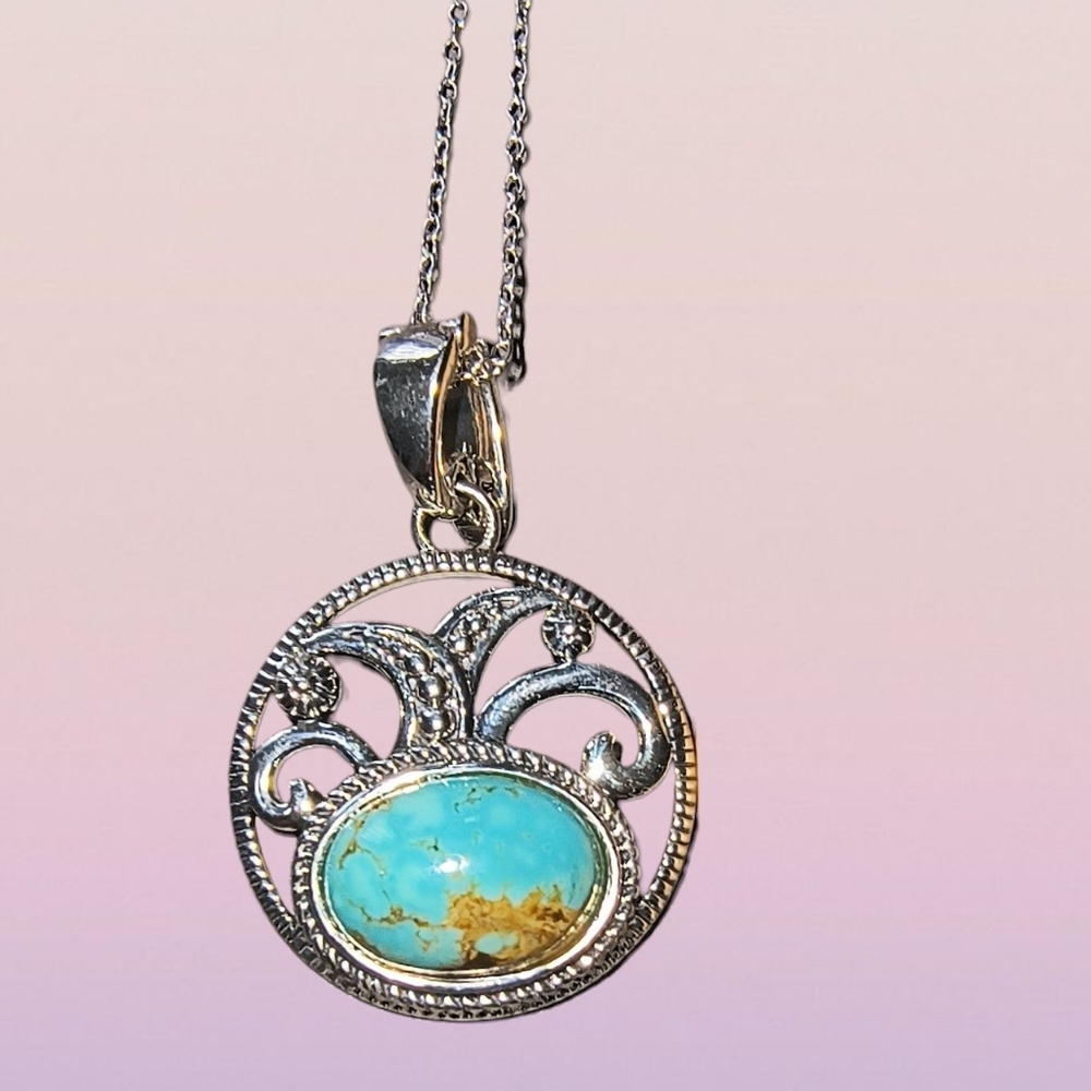 Mine #8 Turquoise And Sterling Silver Scrollwork Pendant Necklace